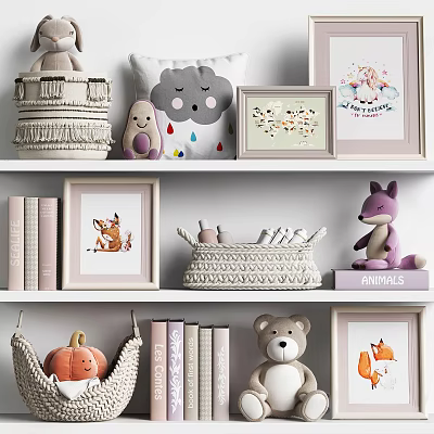 Cozy Decorative Ornament Set on Shelf with Plush Toys Photo Frames Woven Baskets and Books 3d model
