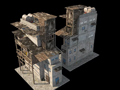 Dilapidated Multi Story Buildings With Rusted Metal Structures And Broken Roofs 3d model