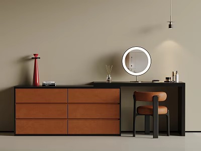 Stylish Modern Dressing Table with Round Mirror Brown Drawers and Chair in Interior 3d model