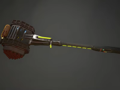 Futuristic Sci-Fi Weapon Featuring Mechanical Hammerhead Long Handle And Yellow Accent Stripes 3d model