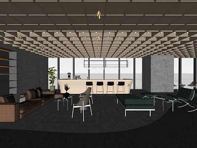 Modern Hotel Lobby Interior With Ceiling Design Sofa Seating Chairs And Large Windows 3d model