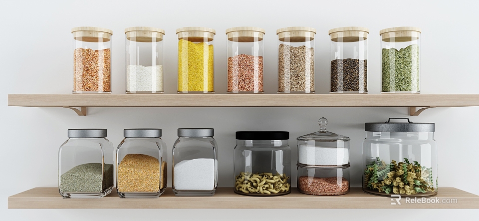 Ceramic Storage Jars with Various Grains Beans and Spices on Kitchen Wooden Shelves 3d model 