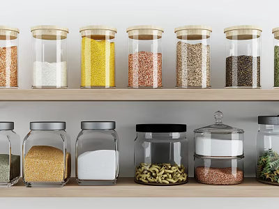 Ceramic Storage Jars with Various Grains Beans and Spices on Kitchen Wooden Shelves 3d model