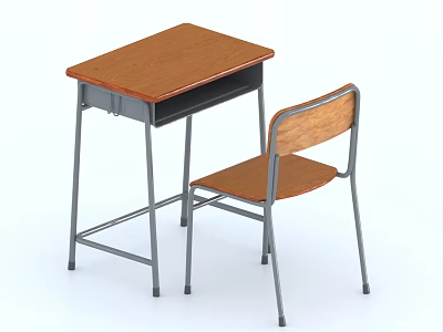Wooden Table and Chair Set with Drawer and Metal Legs for Study Room 3d model