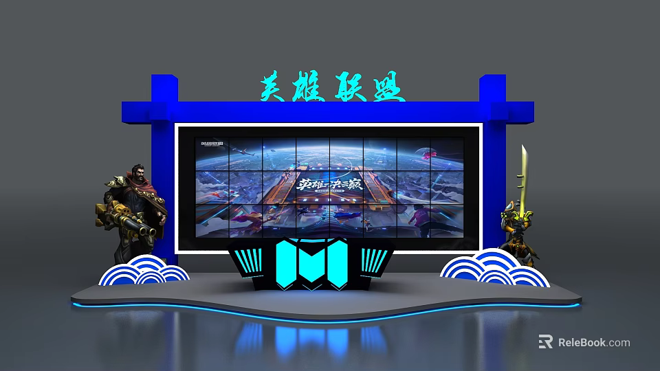 League of Legends Stage with Large Screen Game Character Models and Blue Decorations 3d model 