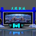 League of Legends Stage with Large Screen Game Character Models and Blue Decorations