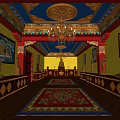 Traditional Religious Hall Interior Featuring Decorative Ceiling Chandelier Buddha Statues Murals And Floral Carpet