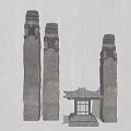Ancient Stone Pillars With Stone Lion Statues On Top Accompanied By Small Pavilion Structure 3d model