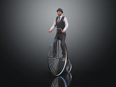 Vintage High Wheel Bicycle With Gentleman In Formal Attire On Dark Background 3d model