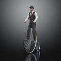 Vintage High Wheel Bicycle With Gentleman In Formal Attire On Dark Background