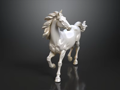 White Horse Sculpture Running Pose With Flowing Mane And Tail On Black Background With Reflection 3d model
