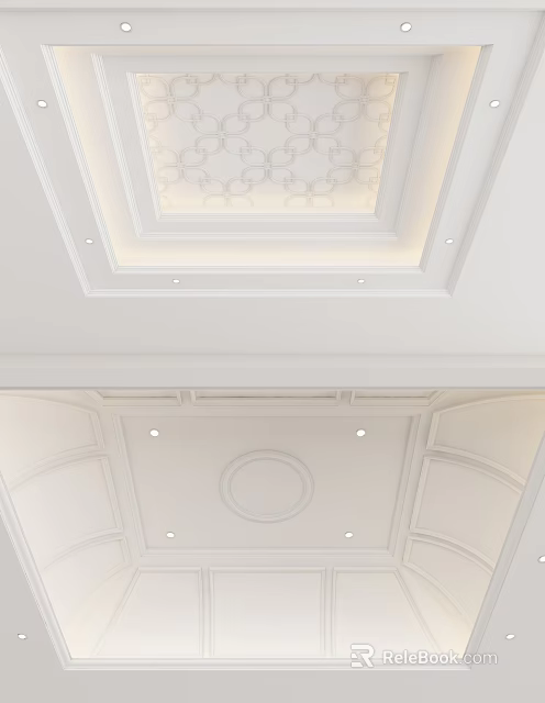 Elegant White Ceiling Design With Decorative Patterns Molding And Recessed Lights 3d model 