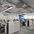 Modern Public Office Workspace With Workstations Computers Ergonomic Chairs Ceiling Acoustic Panels And Wall Slogan 3d model