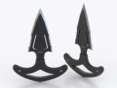 Black Throwing Knives With Sharp Serrated Blades And Curved Handles Design 3d model