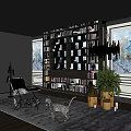 Contemporary Bookcase With Books Decorations Chaise Lounge And Potted Plant Near Wall Art