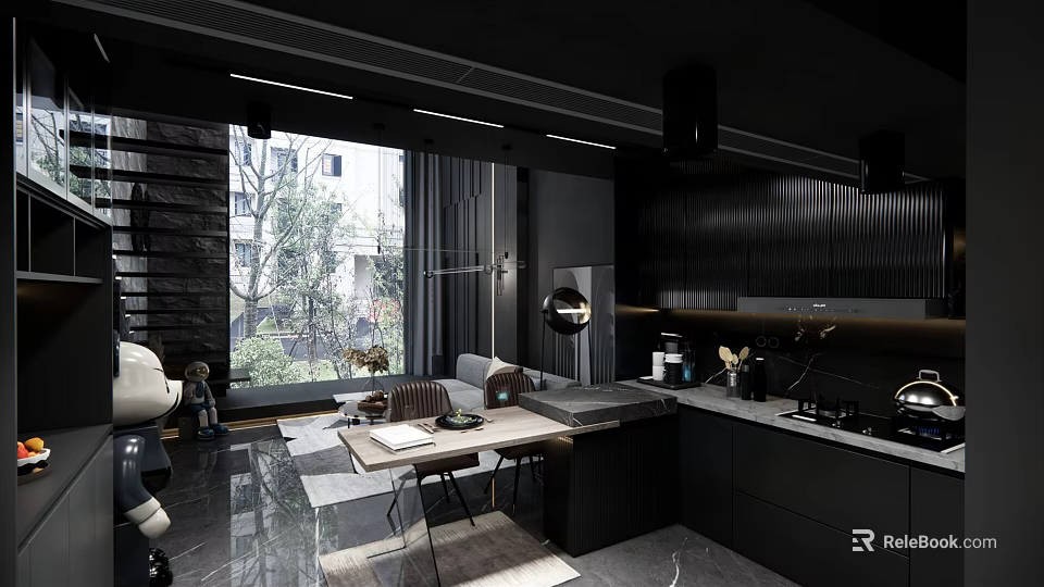 Black Modern Kitchen Interior Design With Dark Cabinets Marble Countertop Large Window And Green Plants 3d model 