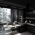 Black Modern Kitchen Interior Design With Dark Cabinets Marble Countertop Large Window And Green Plants