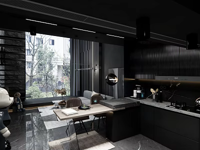 Black Modern Kitchen Interior Design With Dark Cabinets Marble Countertop Large Window And Green Plants 3d model