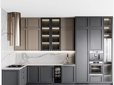 Modern Gray Kitchen Cabinets With Marble Countertop Pendant Light And Appliances 3d model