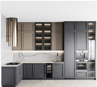 Modern Gray Kitchen Cabinets With Marble Countertop Pendant Light And Appliances 3d model