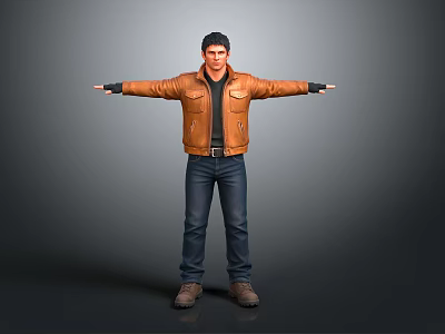 Man Wearing Brown Leather Jacket Dark Jeans Brown Boots With Arms Outstretched Gray Background 3d model