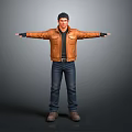 Man Wearing Brown Leather Jacket Dark Jeans Brown Boots With Arms Outstretched Gray Background
