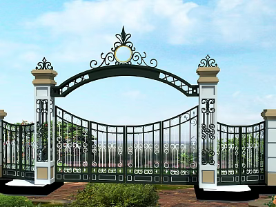 Ornate Wrought Iron Entrance Gate With Intricate Design And Circular Ornament 3d model