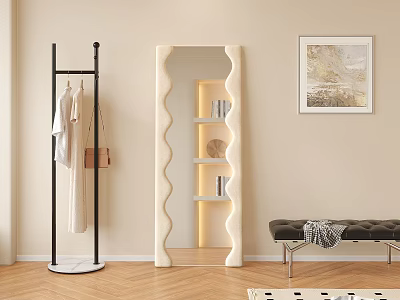 Wavy Border Full Length Mirror In Beige Wall Room With Clothes Rack And Bench 3d model