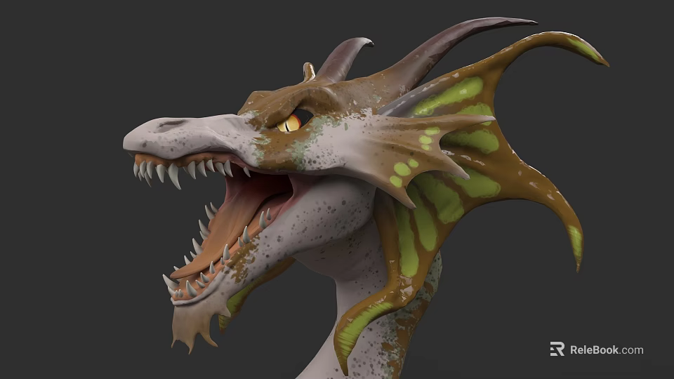 Mythical Dragon Game Film Character With Open Mouth Sharp Teeth Yellow Eyes Green Brown Skin 3d model 