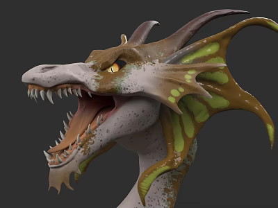 Mythical Dragon Game Film Character With Open Mouth Sharp Teeth Yellow Eyes Green Brown Skin 3d model