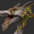 Mythical Dragon Game Film Character With Open Mouth Sharp Teeth Yellow Eyes Green Brown Skin