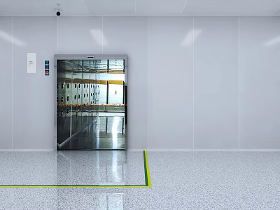Clean Elevator Hallway With White Walls Shiny Floor Yellow Lines Security Camera And Signage 3d model