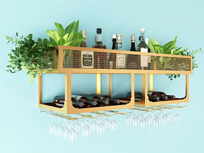 Modern Gold Wine Cabinet with Wine Bottles Glasses and Green Plants on Light Blue Wall 3d model