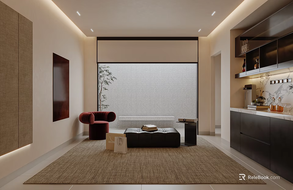 Modern Lounge Room Interior Design With Recessed Lighting Red Armchair And Woven Rug 3d model 