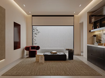 Modern Lounge Room Interior Design With Recessed Lighting Red Armchair And Woven Rug 3d model