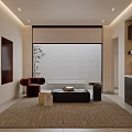 Modern Lounge Room Interior Design With Recessed Lighting Red Armchair And Woven Rug