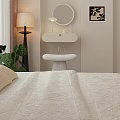 White Padded Stool on Round Rug with Monstera Plant Floor Lamp and Dressing Table