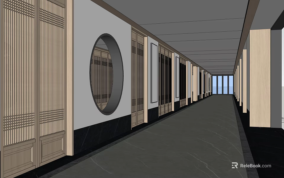 Elegant Hotel Corridor With Wooden Decor Round Windows And Marble Floor Design 3d model 