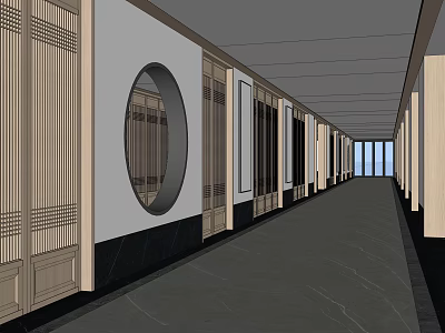 Elegant Hotel Corridor With Wooden Decor Round Windows And Marble Floor Design 3d model
