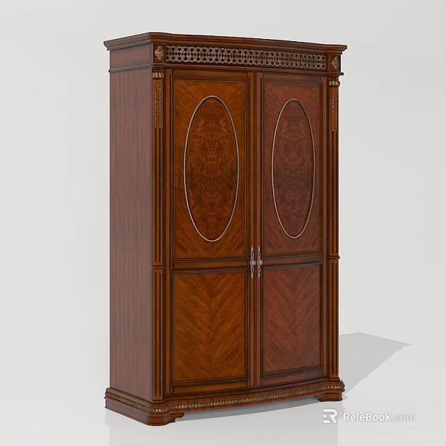 Traditional Solid Wood Wardrobe With Dark Brown Finish And Carved Oval Panels 3d model 