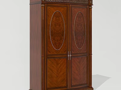 Traditional Solid Wood Wardrobe With Dark Brown Finish And Carved Oval Panels 3d model