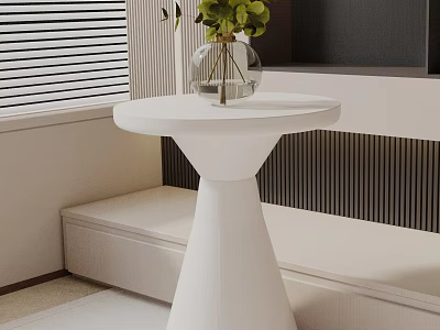 Modern White Side Table With Round Top Conical Base And Green Plant In Glass Vase 3d model