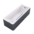 Modern Freestanding Bathtub With Dark Gray Exterior White Interior And Blue Accent Stripes