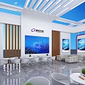 Modern Exhibition Booth Design With White Canopy Purple Accents Digital Screens And Seating