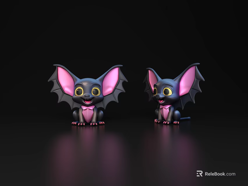 Pair of Cute Bat Characters With Large Pink Ears Sitting On Dark Background With Reflections 3d model 