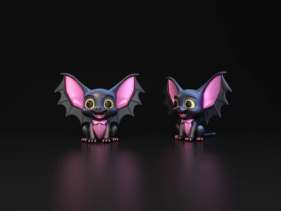 Pair of Cute Bat Characters With Large Pink Ears Sitting On Dark Background With Reflections 3d model