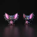 Pair of Cute Bat Characters With Large Pink Ears Sitting On Dark Background With Reflections
