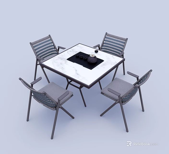 Modern Square Table and Chair Set with Marble Top Woven Back Gray Cushion Metal Legs 3d model 