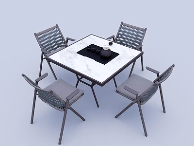 Modern Square Table and Chair Set with Marble Top Woven Back Gray Cushion Metal Legs 3d model