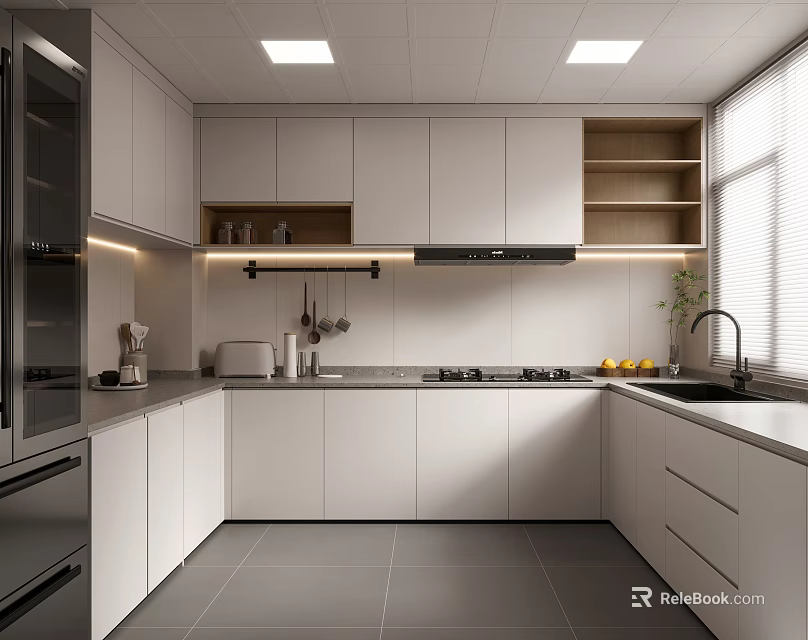 Modern Kitchen Interior With White Cabinets Gray Countertop Under Cabinet Lighting And Appliances 3d model 